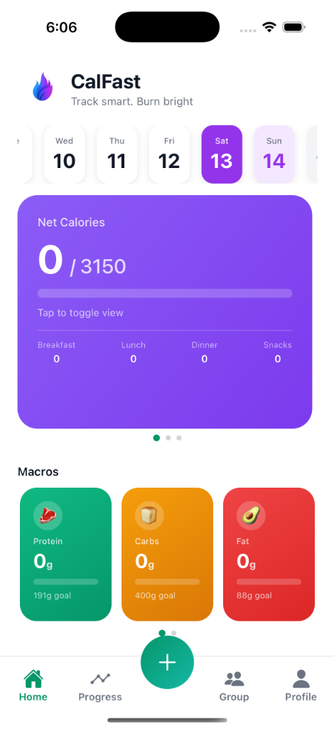 CalFast Home Screen with Macros